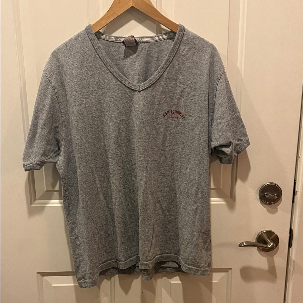 Gray V-Neck T-Shirt with Red BUM Equipment Logo